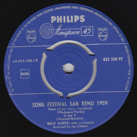 Willy Alberti - Song Festival San Remo Vinyl Singles EP Vinyl Zeer Goed / Hoesje Goed "VINYLSINGLES.NL"