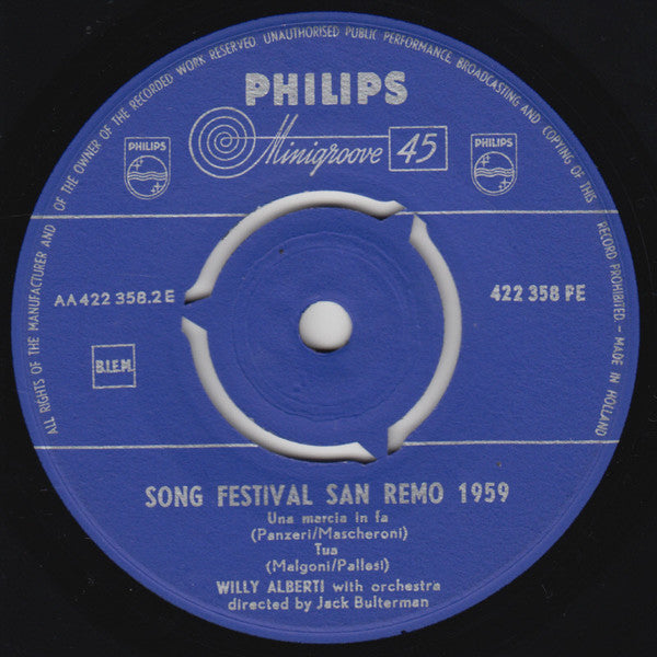 Willy Alberti - Song Festival San Remo 1959 (EP) 33242 Vinyl Singles EP VINYLSINGLES.NL