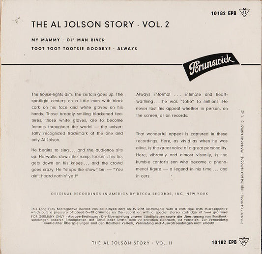 Al Jolson - The Al Jolson Story Vol.II Vinyl Singles EP Vinyl Zeer Goed / Hoesje Goed "VINYLSINGLES.NL"