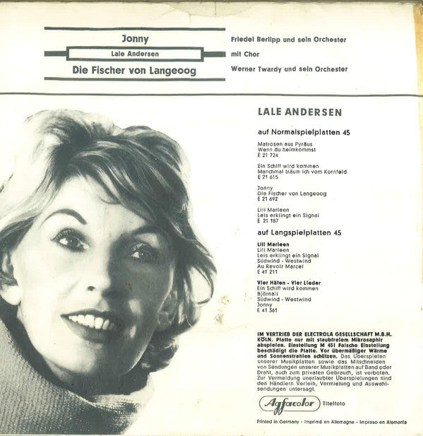 Lale Andersen - Jonny 19335 Vinyl Singles Hoes: Generic