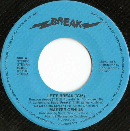 Master Genius - Let's Break 03460 Vinyl Singles Vinyl Zeer Goed / Hoesje Goed "VINYLSINGLES.NL"