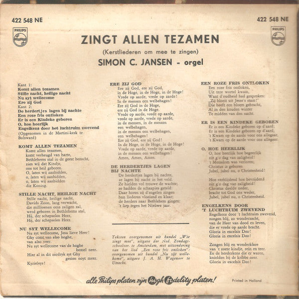 Simon C. Jansen - Zingt Allen Tezamen (Kerstliederen Om Mee Te Zingen) (EP) Vinyl Singles EP VINYLSINGLES.NL