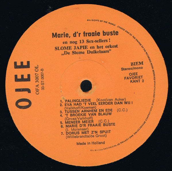 Slome Japie en Het Orkest De Slome Duikelaars - Marie D'r Fraaie Buste En Nog 13 Sex-sellers (LP) 41249 Vinyl LP VINYLSINGLES.NL