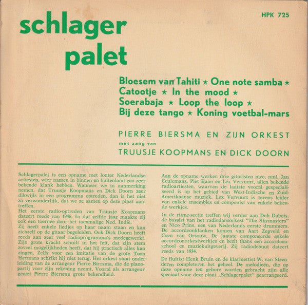 Pierre Biersma En Zijn Orkest Met Zang van Truusje Koopmans En Dick Doorn - Schlager Palet (EP) 02284 Vinyl Singles EP Goede Staat