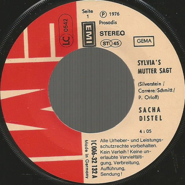 Sacha Distel - Sylvia's Mutter Sagt Vinyl Singles Vinyl Very Good (VG) <br> Hoes Good Plus (G+)