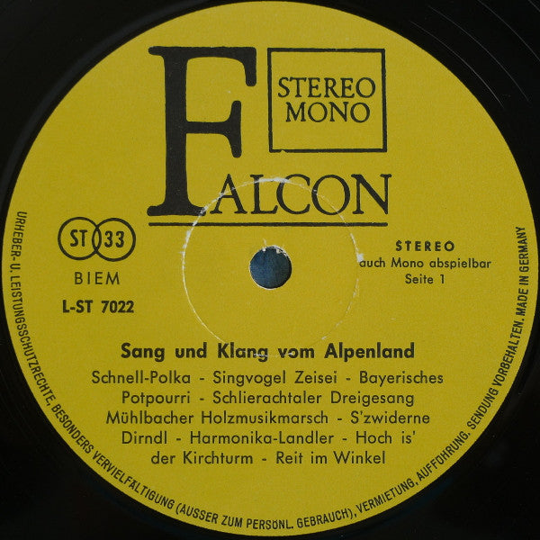 Unknown Artist - Sang Und Klang Vom Alpenland (LP) Vinyl LP Vinyl Very Good (VG) <br> Hoes Good Plus (G+)