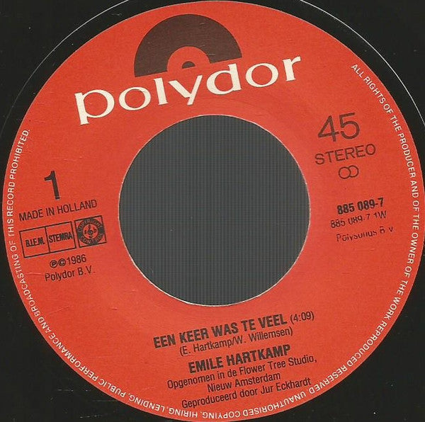 Emile Hartkamp - Een Keer Was Te Veel 13951 Vinyl Singles Goede Staat