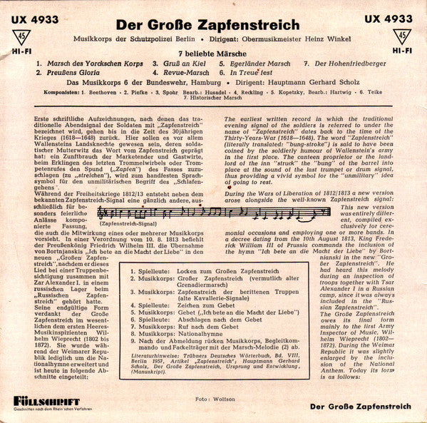 Musikkorps Der Schutzpolizei, Berlin - Der Große Zapfenstreich Vinyl Singles Vinyl Redelijk / Hoes Goed