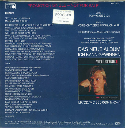 Volker Lechtenbrink - Schweige Vinyl Singles Vinyl Zeer Goed / Hoesje Goed "VINYLSINGLES.NL"