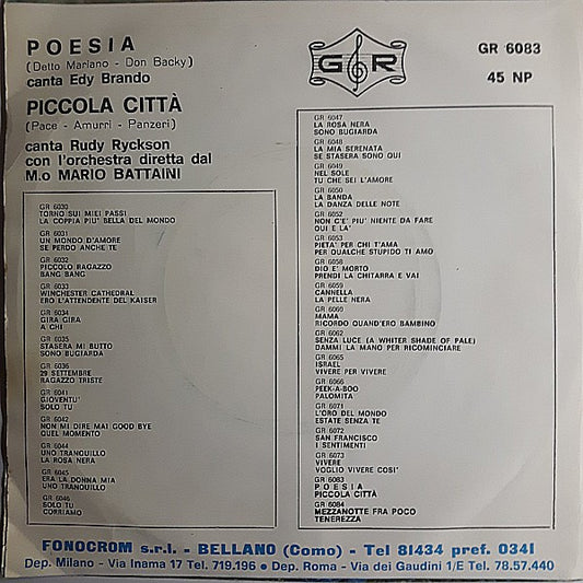 Edy Brando / Rudy Rickson - Poesia / Piccola Città Vinyl Singles Vinyl Zeer Goed / Hoesje Goed "VINYLSINGLES.NL"