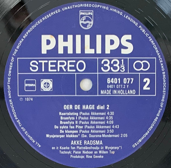 Akke Radsma - Oer de hage diel 2 (LP) Vinyl LP Vinyl Very Good (VG) <br> Hoes Good Plus (G+)