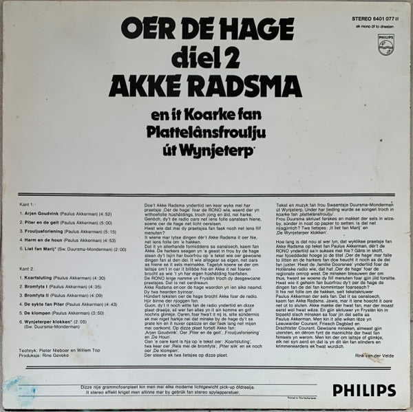 Akke Radsma - Oer de hage diel 2 (LP) Vinyl LP Vinyl Very Good (VG) <br> Hoes Good Plus (G+)
