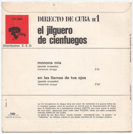 El Jilguero De Cienfuegos - Directo De Cuba N°* Vinyl Singles Vinyl Zeer Goed / Hoesje Goed "VINYLSINGLES.NL"