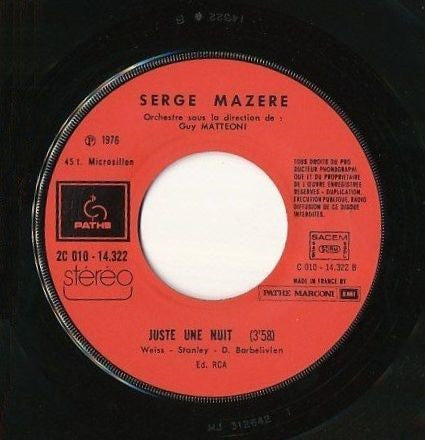 Serge Mazère - Juste Une Nuit 30943 Vinyl Singles VINYLSINGLES.NL