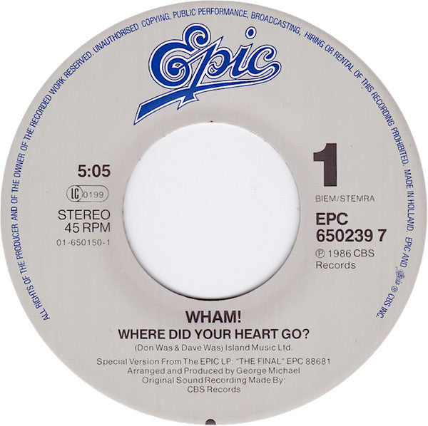 Wham - Where Did Your Heart Go 15522 Vinyl Singles Goede Staat