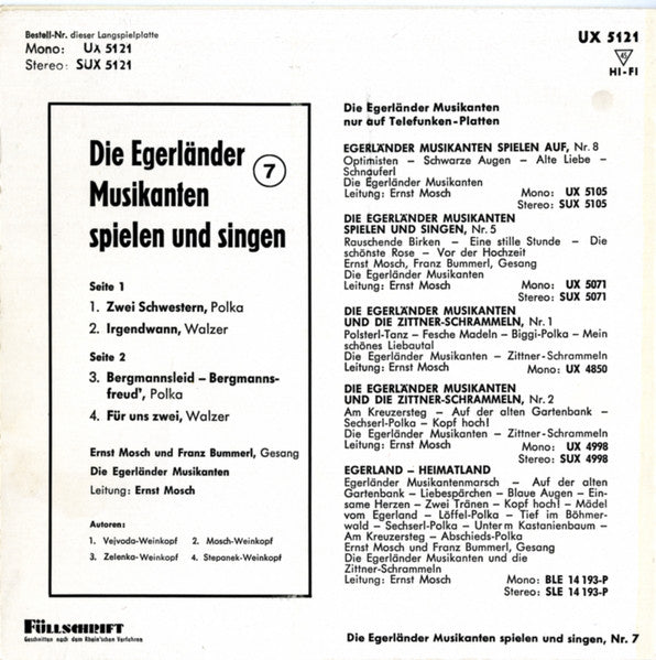 Egerlander Musikanten - Die Egerlander Musikanten Spielen Und Singen - Nr.7 (EP) 16727 16729 Vinyl Singles EP VINYLSINGLES.NL