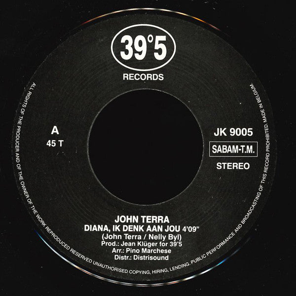 John Terra - Diana Ik Denk Aan Jou Vinyl Singles Vinyl Very Good (VG) <br> Hoes Good Plus (G+)