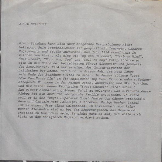 Alvin Stardust - Sweet Cheatin' Rita Vinyl Singles Vinyl Zeer Goed / Hoesje Goed "VINYLSINGLES.NL"