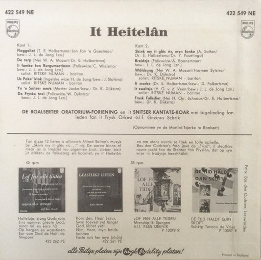 Boalserter Oratorium-Foriening En It Snitser Kantate-Koar - It Heitelân 39811 Vinyl Singles Vinyl Zeer Goed / Hoesje Goed "VINYLSINGLES.NL"