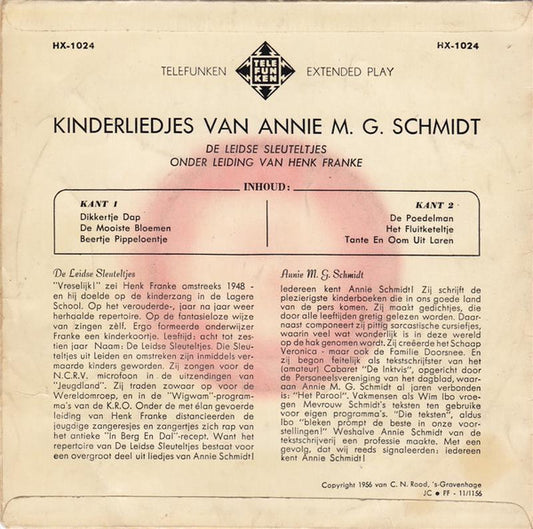 Leidse Sleuteltjes - Kinderliedjes Van Annie M.G. Schmidt 40759 Vinyl Singles EP Vinyl Zeer Goed / Hoesje Goed "VINYLSINGLES.NL"