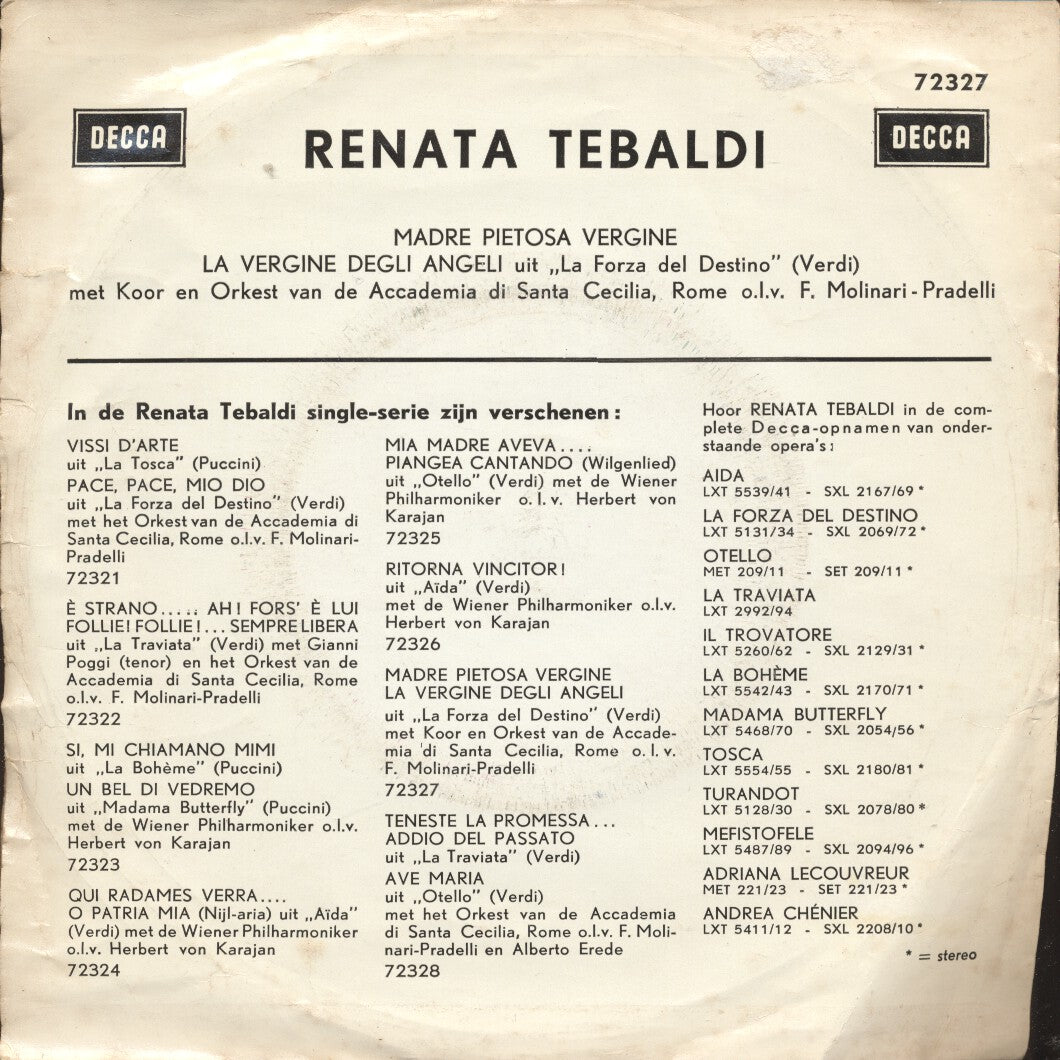 Renata Tebaldi - Madre Pietosa Vergine Vinyl Singles Vinyl Very Good (VG) <br> Hoes Good Plus (G+)