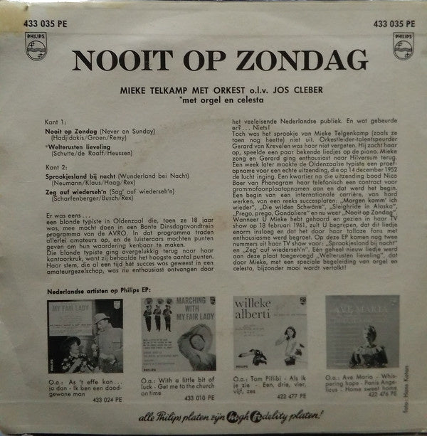 Mieke Telkamp - Nooit op zondag  (EP) 06714 Vinyl Singles EP Goede Staat