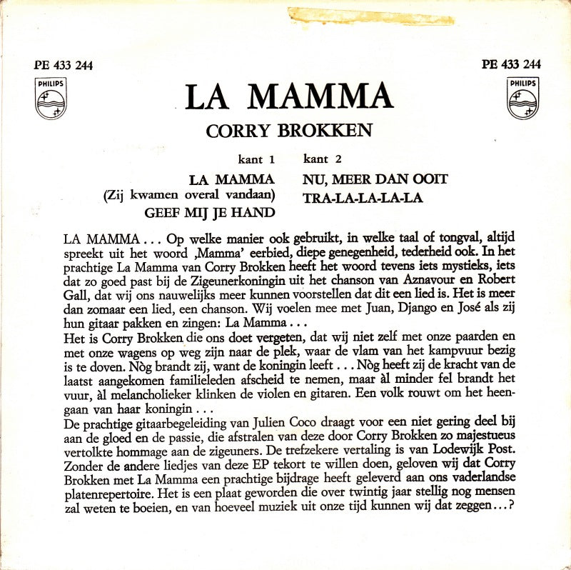Corry Brokken - La Mamma (Zij Kwamen Overal Vandaan) 16298 Vinyl Singles EP Vinyl Very Good (VG) <br> Hoes Good Plus (G+)