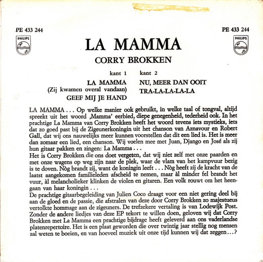 Corry Brokken - La Mamma (Zij Kwamen Overal Vandaan) 16298 Vinyl Singles EP Vinyl Zeer Goed / Hoesje Goed "VINYLSINGLES.NL"