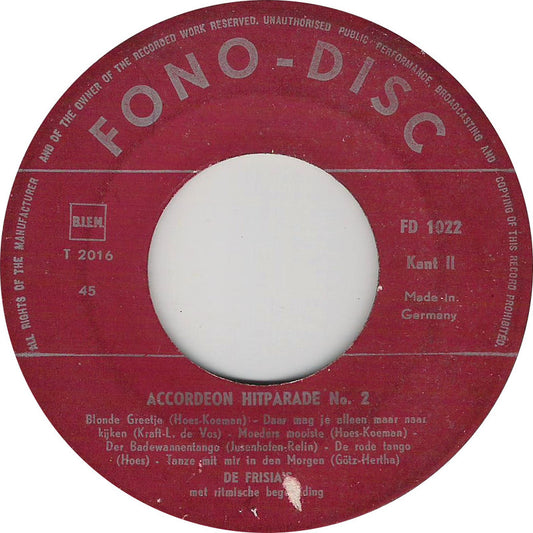 Frisia's - Accordeon Hitparade No. 2 Vinyl Singles EP Vinyl Zeer Goed / Hoesje Generic "VINYLSINGLES.NL"