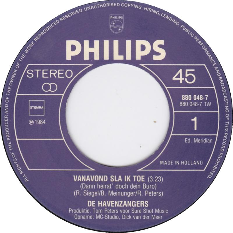 Havenzangers - Vanavond Sla Ik Toe! 16629 Vinyl Singles Goede Staat