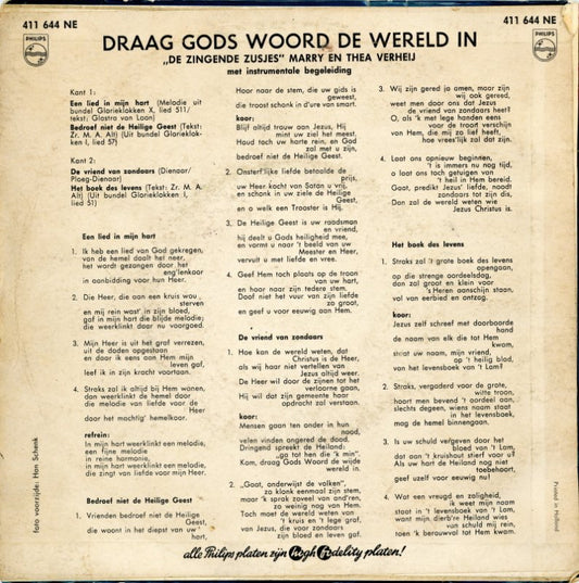 Zingende Zusjes - Draag Gods Woord De Wereld In Vinyl Singles EP Vinyl Zeer Goed / Hoesje Goed "VINYLSINGLES.NL"