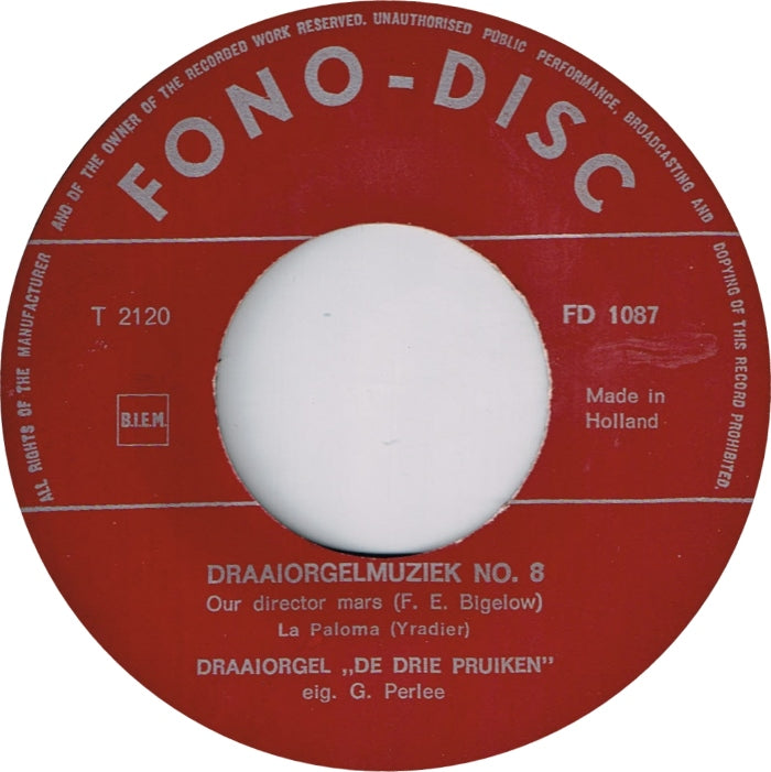 Draaiorgel De Drie Pruiken Eig. G. Perlee - Draaiorgelmuziek No. 8 (EP) 06623 Vinyl Singles EP Goede Staat