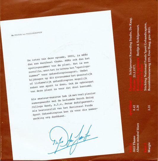 Dutch Swing College Band M.M.V. Mr. Pieter van Vollenhoven- 5855 30106 Vinyl Singles Vinyl Zeer Goed / Hoesje Goed "VINYLSINGLES.NL"