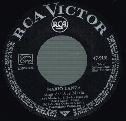 Mario Lanza - Ave Maria 04972 Vinyl Singles Vinyl (VG) <br> Hoes (G+)