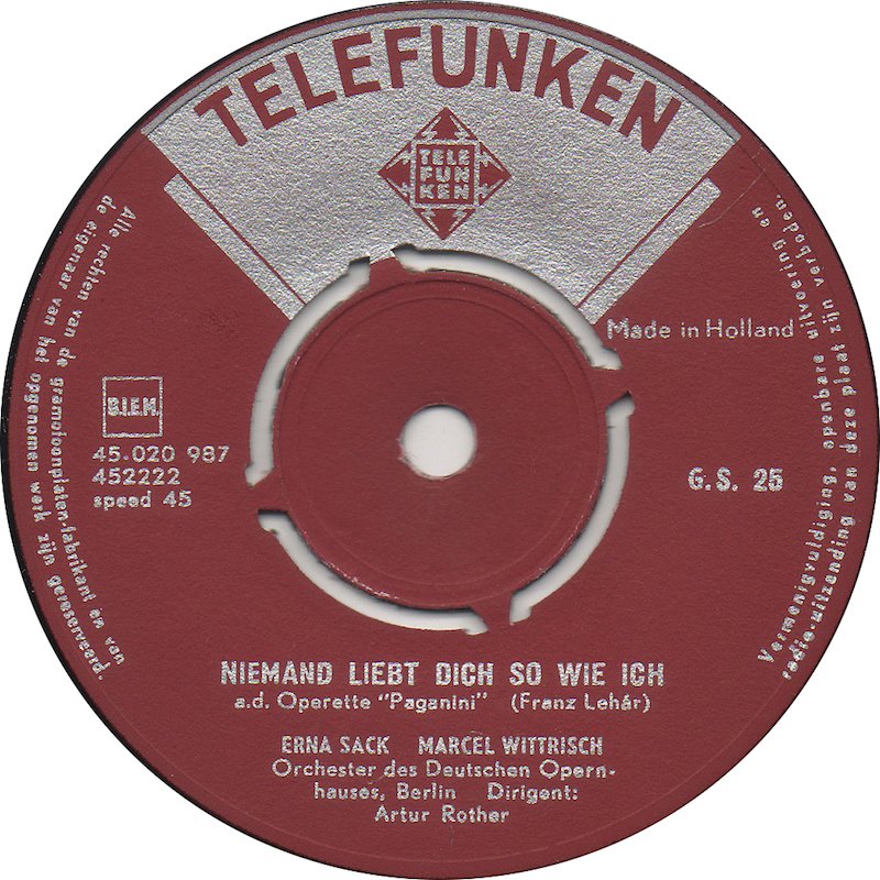 Erna Sack - Marcel Wittrisch - Niemand Liebt Dich So Wie Ich 13529 Vinyl Singles Goede Staat