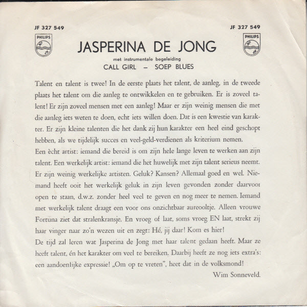 Jasperina de Jong - Call Girl 11002 24889 27466 13070 Vinyl Singles Goede Staat