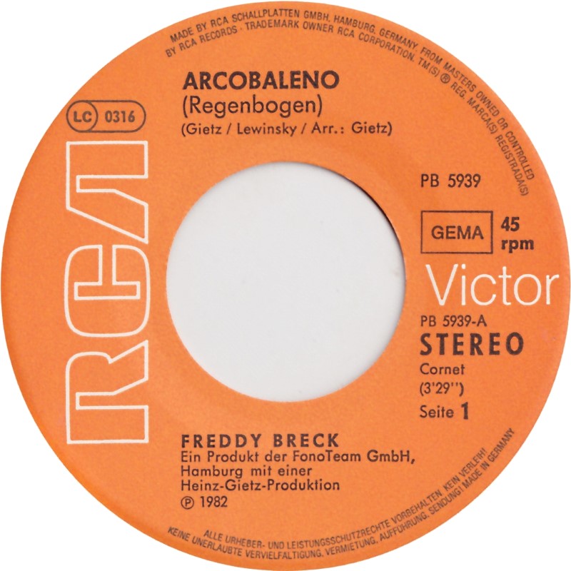 Freddy Breck - Arcobaleno (Regenbogen) Vinyl Singles VINYLSINGLES.NL