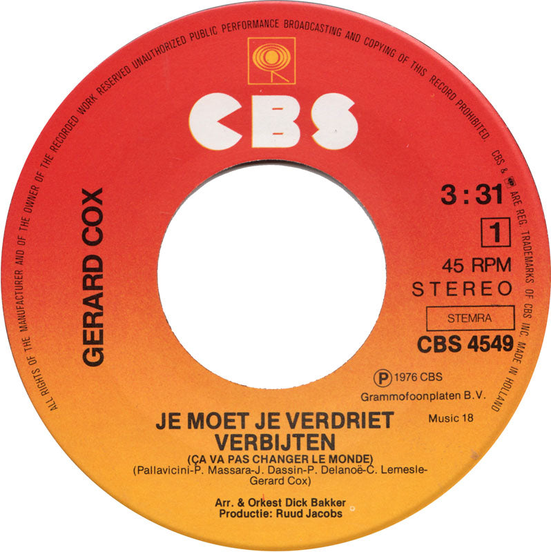 Gerard Cox - Je Moet Je Verdriet Verbijten Vinyl Singles VINYLSINGLES.NL