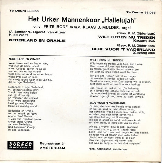 Urker Mannenkoor Hallelujah - Nederland En Oranje Vinyl Singles Vinyl Zeer Goed / Hoesje Goed "VINYLSINGLES.NL"
