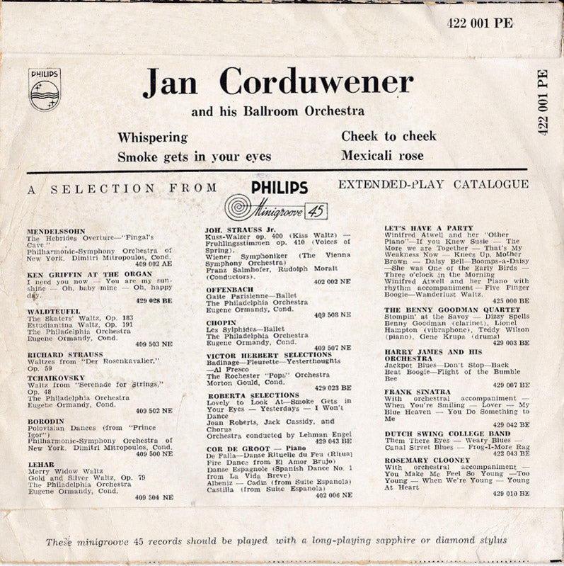 Jan Corduwener And His Ballroom-Orchestra - Whispering (EP) 02058 Vinyl Singles EP VINYLSINGLES.NL