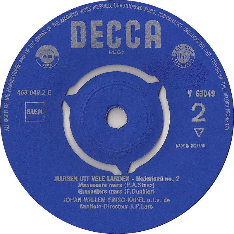 Johan Willem Friso Kapel - Marsen Uit Vele Landen Vinyl Singles Vinyl Very Good (VG) <br> Hoes Good Plus (G+)