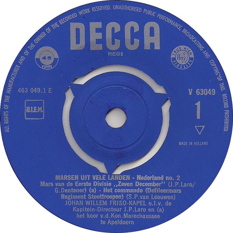 Johan Willem Friso Kapel - Marsen Uit Vele Landen Vinyl Singles Vinyl Very Good (VG) <br> Hoes Good Plus (G+)