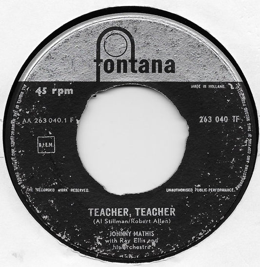 Johnny Mathis - Teacher, Teacher Vinyl Singles Vinyl Very Good (VG) <br> Hoes Good Plus (G+)