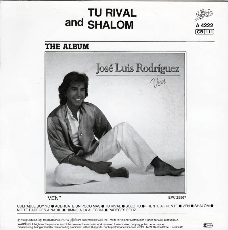 José Luis Rodríguez - Shalom Vinyl Singles Vinyl Very Good (VG) <br> Hoes Good Plus (G+)