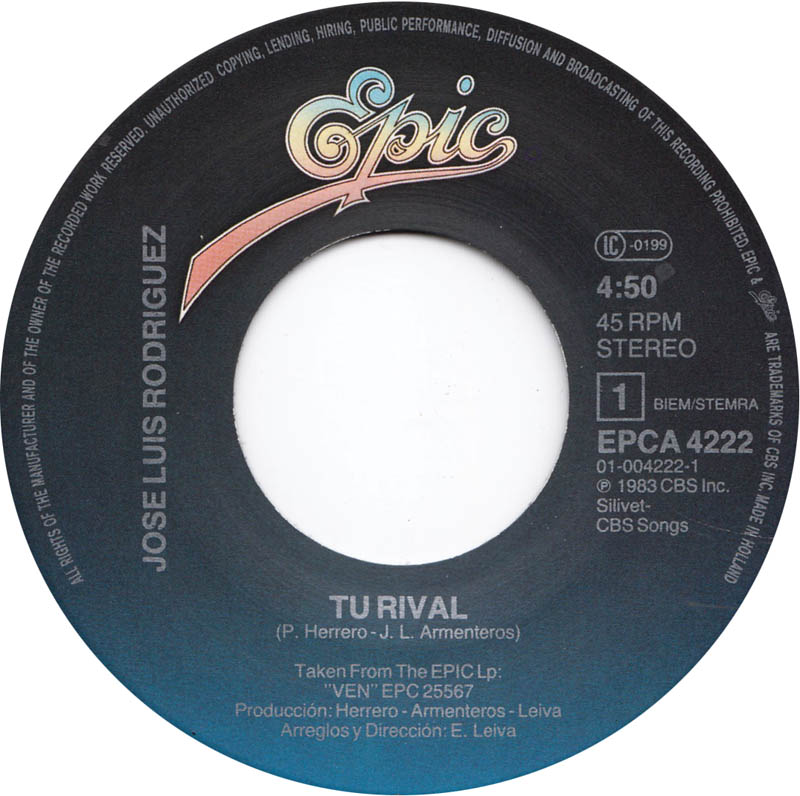 José Luis Rodríguez - Shalom Vinyl Singles Vinyl Very Good (VG) <br> Hoes Good Plus (G+)