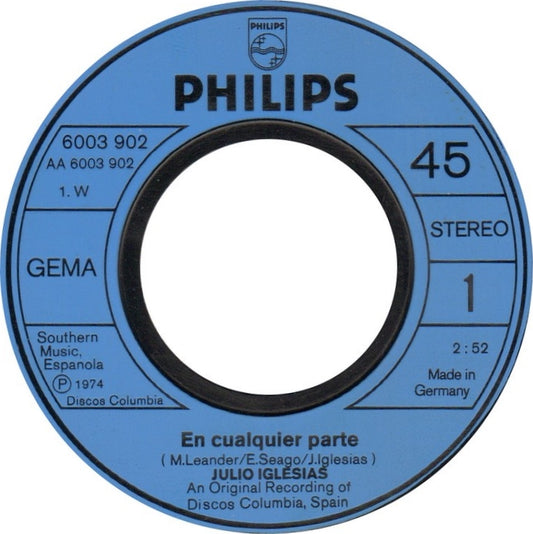 Julio Iglesias - En Cualquier Parte Vinyl Singles Vinyl Zeer Goed / Hoesje Goed "VINYLSINGLES.NL"
