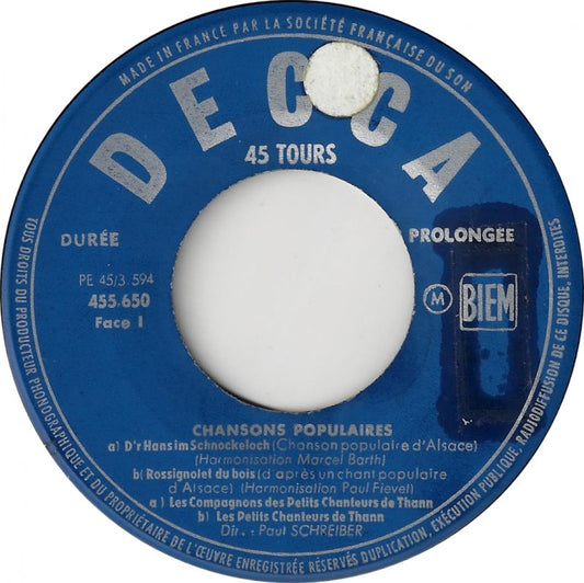 Les Compagnons Des Petits Chanteurs De Thann - Chansons Populaires Vinyl Singles EP Vinyl Zeer Goed / Hoesje Goed "VINYLSINGLES.NL"