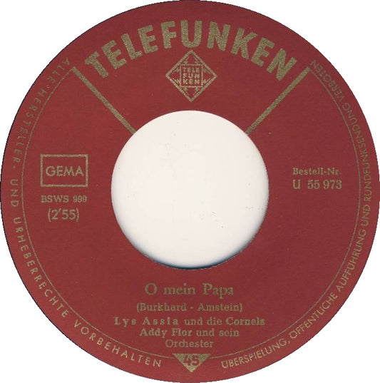 Lys Assia - O Mein Papa Vinyl Singles Vinyl Very Good (VG) <br> Hoes Good Plus (G+)