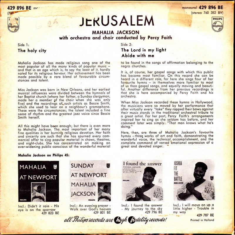 Mahalia Jackson - Jerusalem Vinyl Singles EP Vinyl Very Good (VG) <br> Hoes Good Plus (G+)