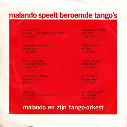 Malando En Zijn Tango-Orkest - Malando Speelt Beroemde Tango's Vinyl Singles Vinyl Very Good (VG) <br> Hoes Good Plus (G+)